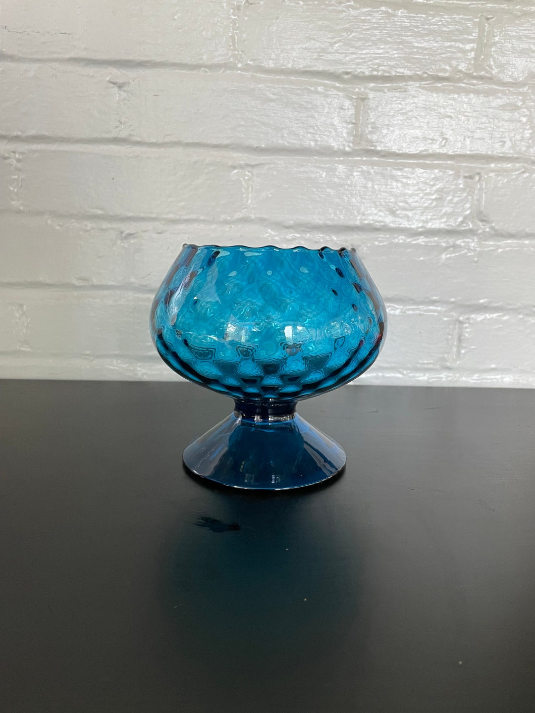 Vintage Peacock Blue Pedestal Bowl With Bubble / Wavy Type Pattern Etsy