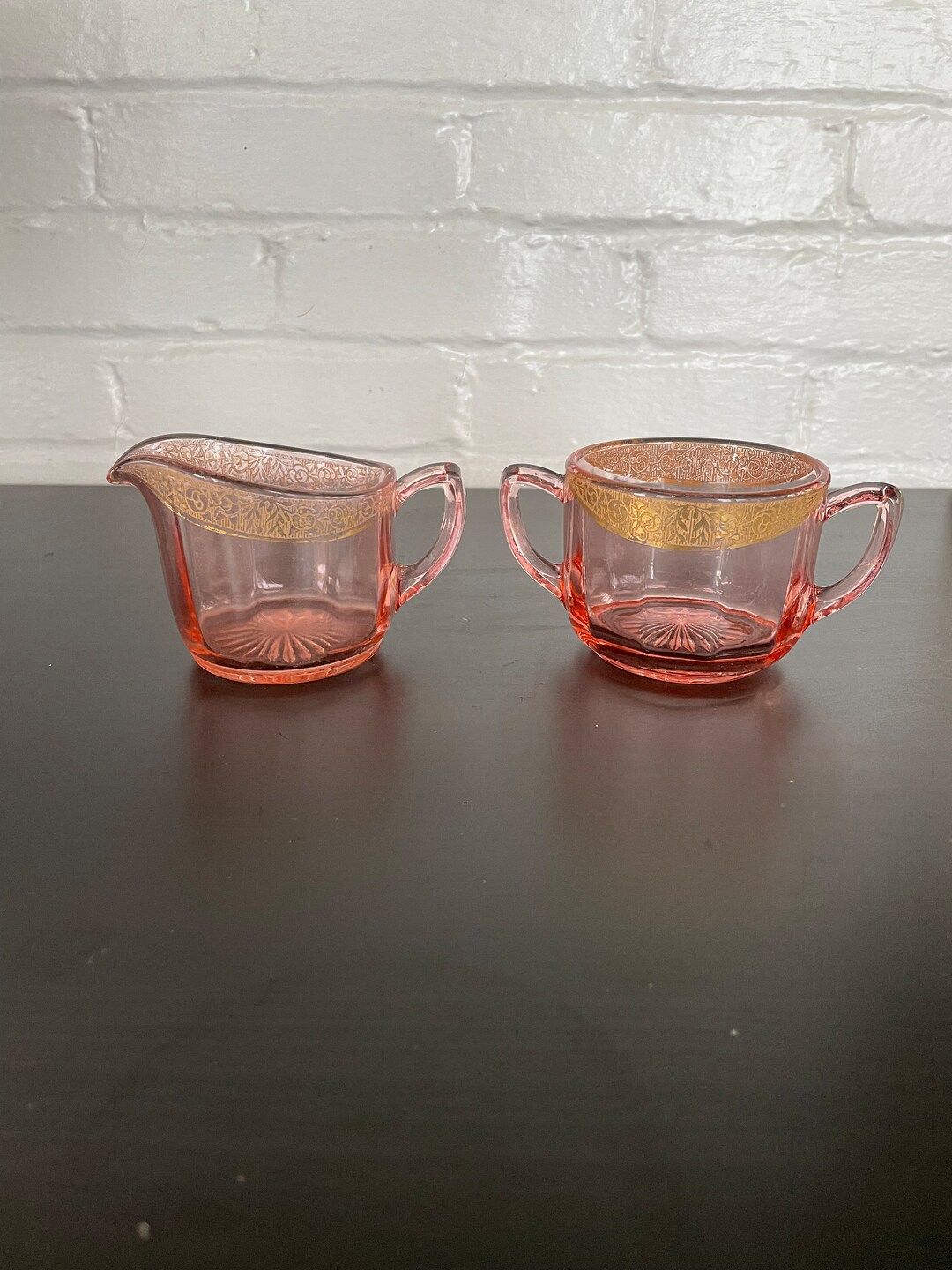 Vintage Pink Depression Glass Creamer and Sugar Set With Ornate