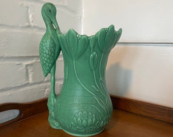 Vintage Sylvac Teal Green  Stork and Lotus Flower Vase | Made In England