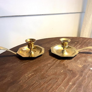 Pair of Vintage Brass Small Chamber Candlesticks - 7 Sided