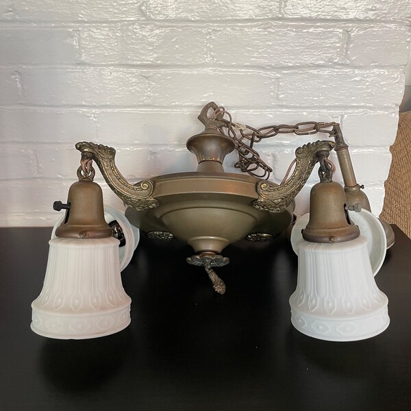 Beautiful Antique 4 Arm Pan Light With Original Milk Glass Deco Style Globes w/ Two Extra Spare Globes