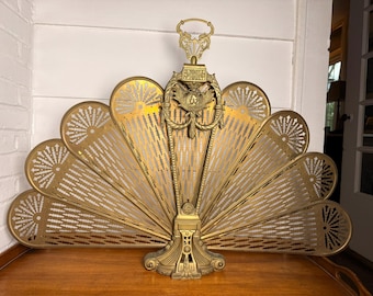 Vintage Brass Folding Fan Fireplace Screen Figural Cameo Lady Peacock Style