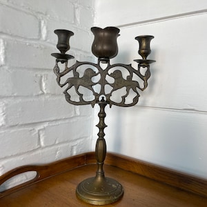 Antique  Three Arm Large Brass Lion Candelabra