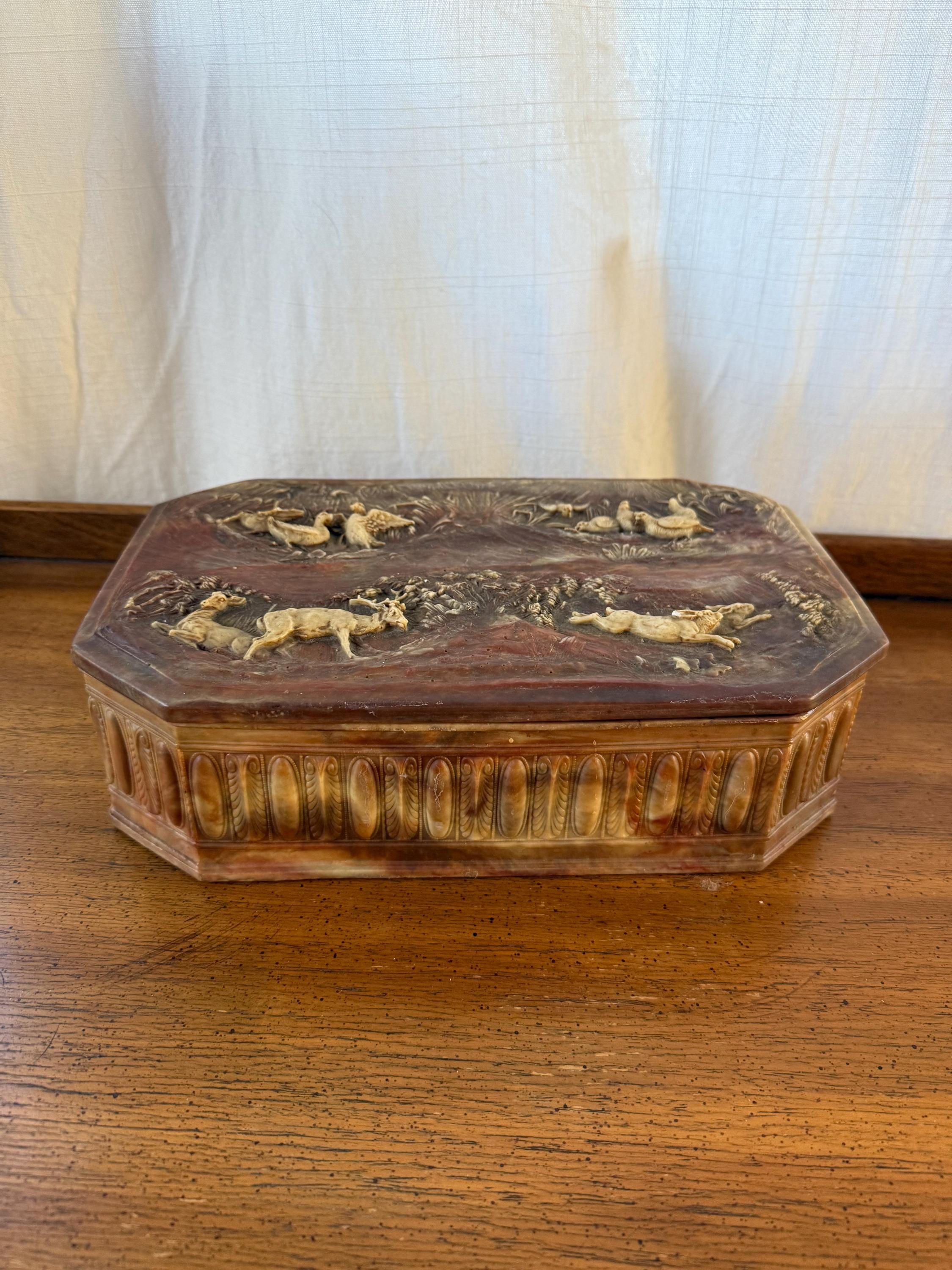 tr0715 GENUINE INCOLAY STONE 小物入れ ケース 箱 Vintage Incolay Stone Composite Jewelry Box With Tray Cherub