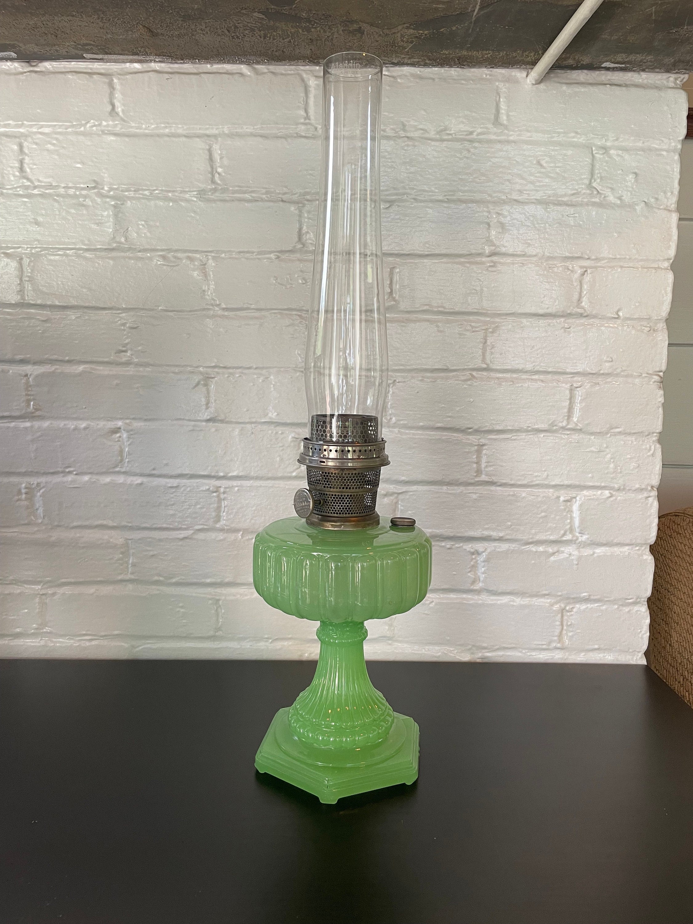 Antique Rare Jadeite Green Glass Aladdin Oil Lamp With Original