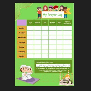 Puede incluir: Un registro de oración verde con el texto "My Prayer Log" en la parte superior. El registro presenta un horario semanal con espacios para registrar los horarios de oración y la recitación del Corán. Incluye ilustraciones de niños y una mezquita.