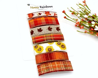 Autumn Colors Hair Barrette for Women; Leaves and Plaid Hair Clip; Orange Red Brown Yellow Dark Academia style clip for thin to thick hair