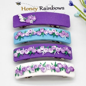 Embroidered Hair Barrette; Lilac Flowers on Royal Purple, Sky Blue, or Ivory Hair Clip; Unique Pearl Drop Clip; for Thin to Thick Hair; Gift
