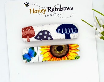 Delightful Fun Mushrooms & Sunflower Hair Barrettes for Women, Floral Hair Clip, Unique Hair Barrette, Thin or Thick Hair Clip, Gift for Her