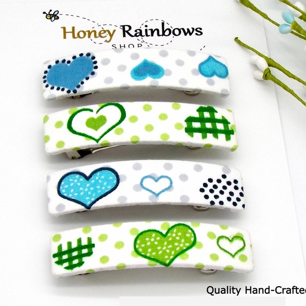 Playful Mismatched Blue and Green Hearts and Dots on white Hair Barrette, Adorable Unique Hair Clip for Thin or Thick Hair, Gift for Her