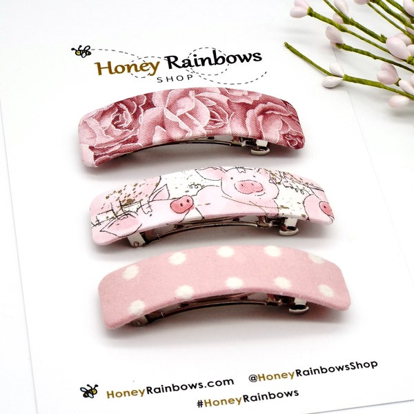 Mauve & Pink Roses, Cute Piggies, n Dots on Pink Hair Barrette for Women, Unique Hair Barrette, Adorable Simple Teen Hair Clip, Gift for Her