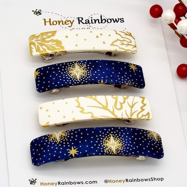 Exquisite Gold Stars on Navy and Gold Leaves on White Holiday Hair Barrette for Women, Unique Hair Clip, Thin or Thick Hair clip, Gift 4 Her