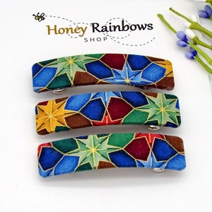 Mosaic of Colorful Stars in Stain-Glass Artistry in Blue, Green, Gold, Red, Fabric Hair Barrette; Unique Hair Clip for Thin or Thick Hair