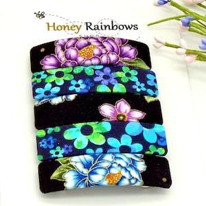 Violet & Blue Flower Hair Barrette for Women; Blue, Green n Purple Daisies on Black Hair Clip; Unique Hair Clip Thin Moderate to Thick Hair