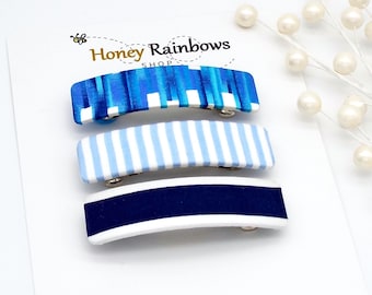 Stripes in Navy, Light Blue, & Waterfall of Blues Hair Barrette for Women, Blue Clip 4 Thin or Thick hair, Unique Hair Barrette, Gift 4 Her