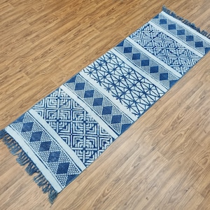 Cotton Indigo Rug, Block Printed Dhurrie, Handmade Rug, Geometric Stripes Pattern, Indigo Runner Rug 2x6, 2x8, 2x10, 2x12, 2x14 Ft Runner