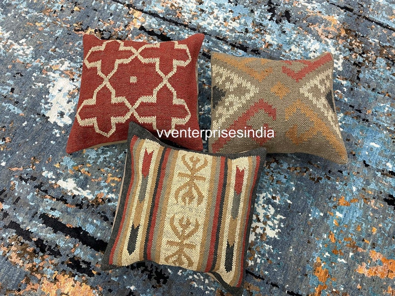 Set of 3 outdoor kilim cushion Rustic handmade rug cushion cover Vintage kilim pillow kilim pillow cover 18x 18 pillow cover