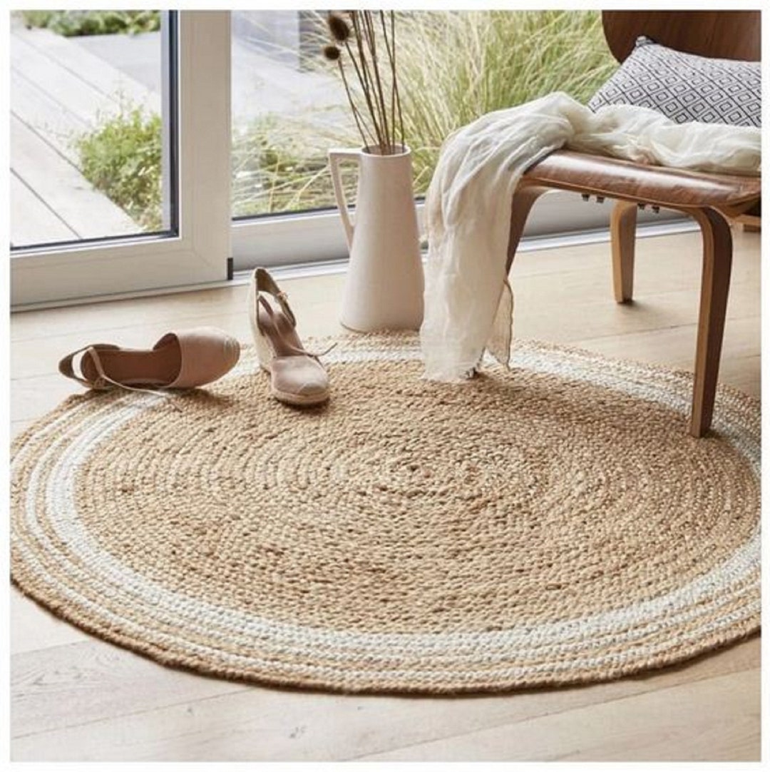 Alfombra tejida a mano de yute redonda de 3 pies de fibra natural, alfombra  rústica vintage bohemia y reversible trenzada beige, alfombras ecológicas