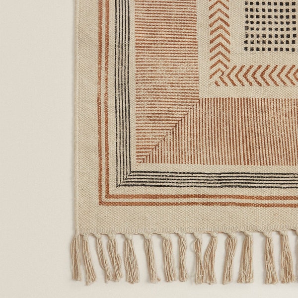 Handwoven Cotton Rug, Indian Block Print Rugs, Handmade Rugs, Living Room Rug, Kitchen Dining Area Rug, Aztec Boho Rug, Kilim Rugs 8x10 9x12