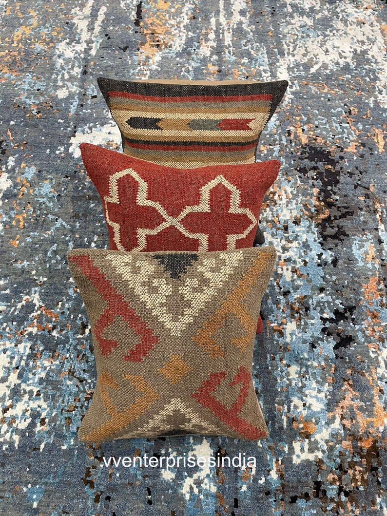 Set of 3 outdoor kilim cushion Rustic handmade rug cushion cover Vintage kilim pillow kilim pillow cover 18x 18 pillow cover