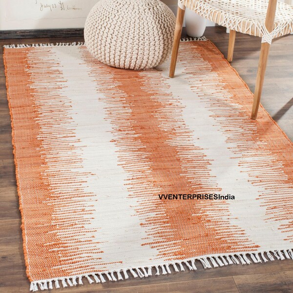 2x8, 8x10, 9x12, 10x14ft Cotton Rug, Kilim Rug, Eco Friendly Earthy Bohemian Orange White Eye-catching Runner Rug Living Room Bedside Runner