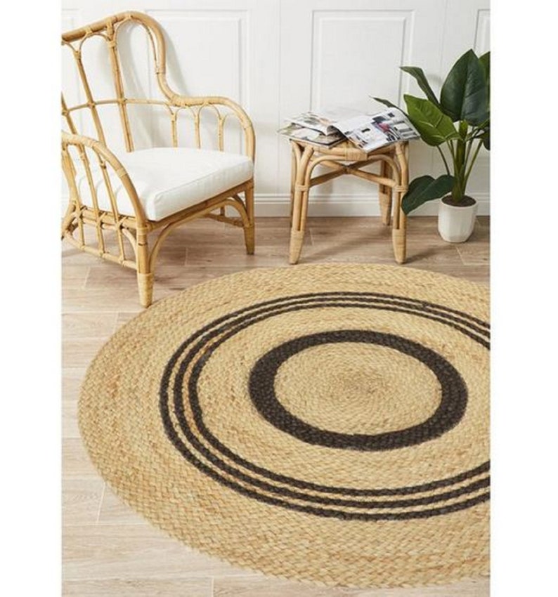 Natural Jute Braided Round Rug, Designer Bohemian Jute Area Rug, Eco Friendly Fall Decor Rug, Boho Decor Handmade Rug, White Bordered Rug