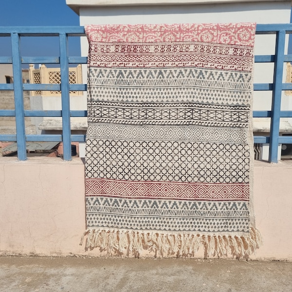 Mudcloth Throw Blankets for Sofas, Hand Loom Hand Block Printed Bed Runner Boho Cotton Fringed Blanket Beach Throw 50x70 Cms
