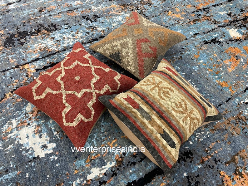 Set of 3 outdoor kilim cushion Rustic handmade rug cushion cover Vintage kilim pillow kilim pillow cover 18x 18 pillow cover
