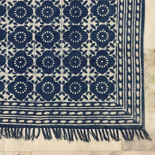 Indigo Blue Rug, Cotton Rug, Indian Block Print Rugs, Handmade Rugs, Living Room Rug, Kitchen Dining Area Rug, Aztec Boho Rug, Kilim Rugs