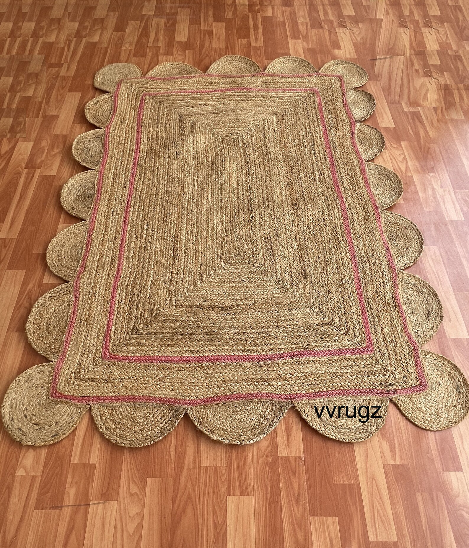 Scallop Jute Rug Yellow Trim Boho Jute scalloped Etsy