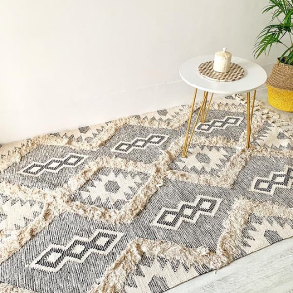 4x6 feet rug,Bohemian Moroccon Inspired Hand Woven Cotton Rug, Grey and White Boho Chic Rug, Area Rug, Home Decor Beautiful Rug Size 4x6Ft