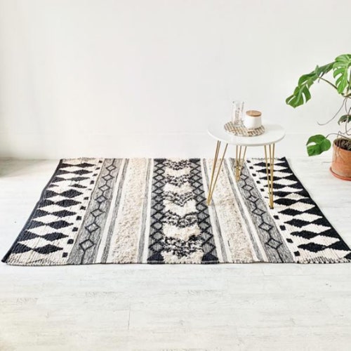 Bohemian Moroccon Inspired Hand Woven Cotton Rug Black and Etsy