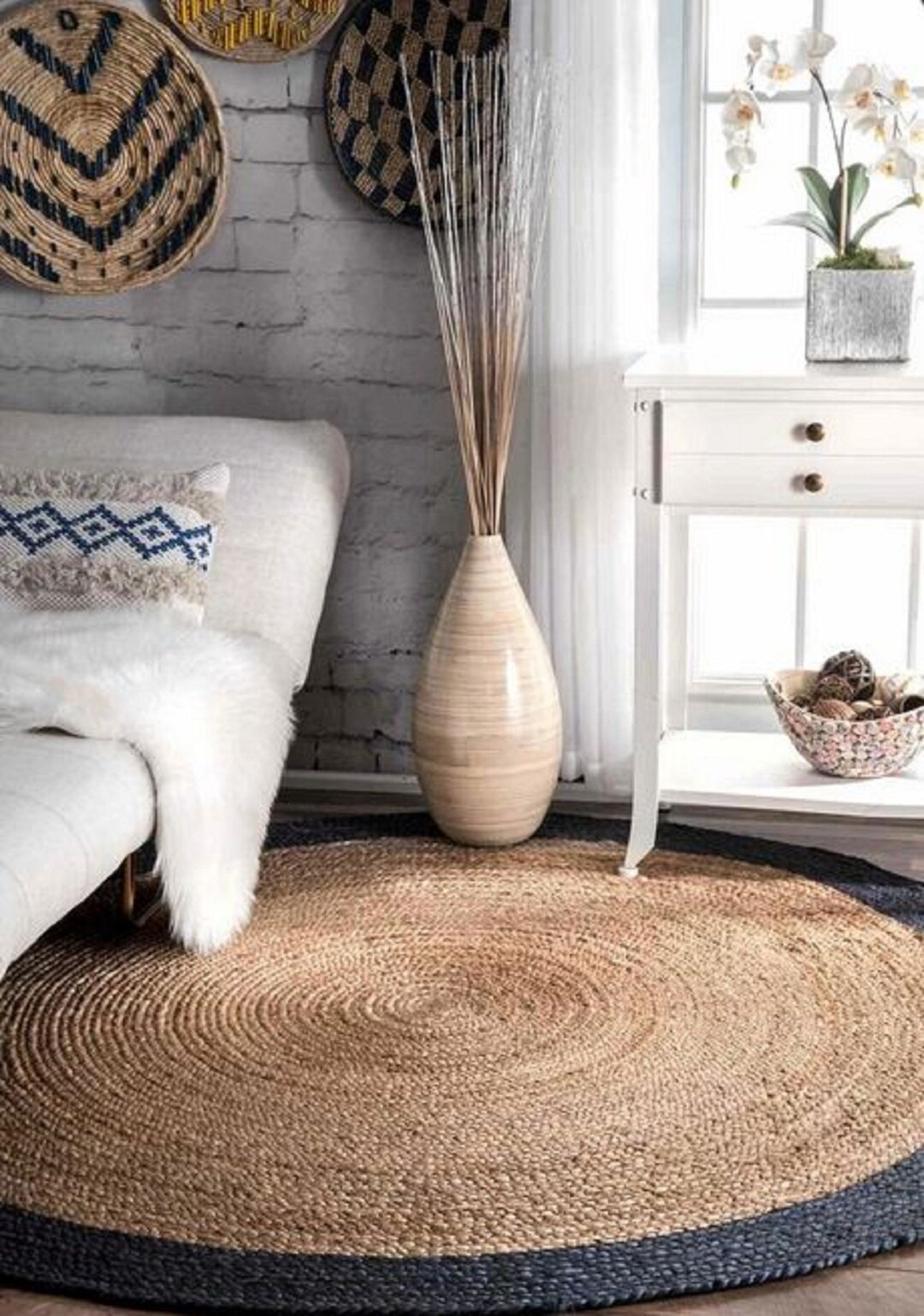 Hand Braided Round Jute Rug Black Border Circular Round Rug Etsy