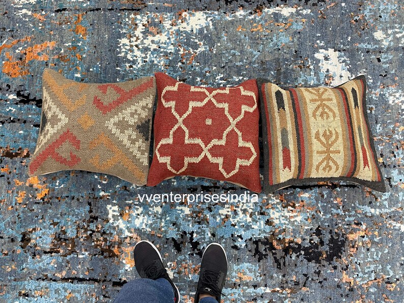 Set of 3 outdoor kilim cushion Rustic handmade rug cushion cover Vintage kilim pillow kilim pillow cover 18x 18 pillow cover