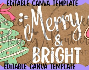 Merry and Bright editable canva banner template, holiday girly design, easy to paint