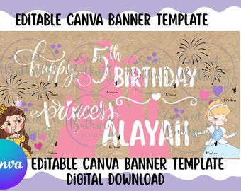 Princess themed birthday banner editable template