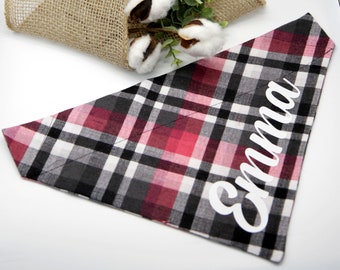 Personalized Dog Bandana, Black and Pink Dog Scarf, Custom Bandana, Plaid, Dog Scarf