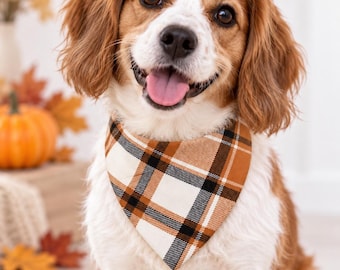 Fall Plaid Dog Bandana, Over the Collar, Halloween Thanksgiving Pet Scarf