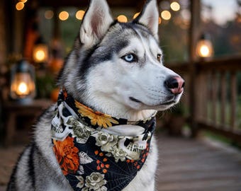 May include: A Siberian Husky with heterochromia wearing a black triangular pet bandana featuring a pattern of white skulls, orange marigolds, and grey roses. The fabric has a dark background with subtle spiderweb line details across the surface.
