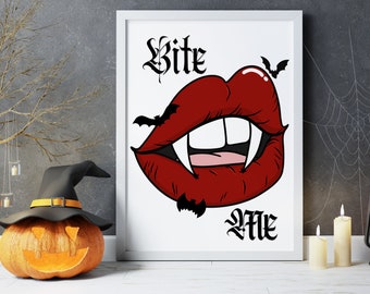 Vampire Wall Art | Bite Me Fangs Print | Gothic Art | A4 A5 A6 Prints | Spooky Wall Art | Vampire Teeth | Red Lips | Birthday gift