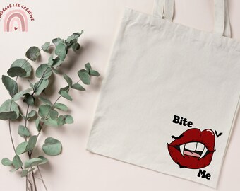 Large Tote Bag Vampire | Horror Shoulder Tote Bag | Bite Me Tote Bag Long Handles | Spooky Cute tote gift | Gothic Bag | Vampire Fang