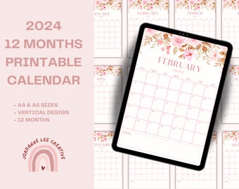 Printable Calendar 2024 | 12 Month Calendar | Monthly Planner 2024 | Printable Planner Inserts | Desk Calendar Monthly | Botanical Floral
