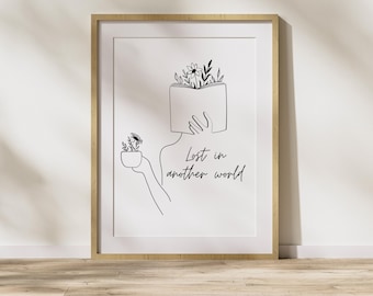 Lost In Another World Line Art Book Print: Book Lover Gift