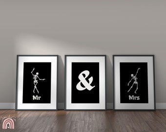 Skeleton Wall Art Mr and Mrs | Skeleton print | Set of 3 prints | Anniversary Gift | Gothic Wedding Gift | Unique Gift for Couple | Digital