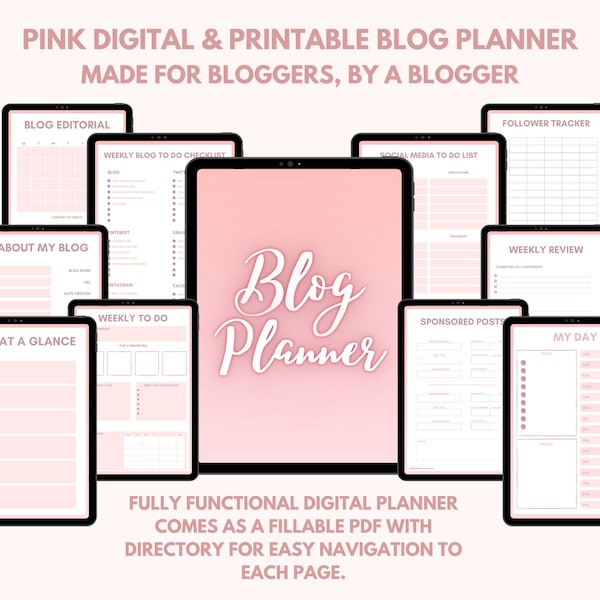 Blog Planner | Digital Blog Planner in Pink | Blogging Planner | Planner for Bloggers | Blog Post Planner | 2023 Blog Planner