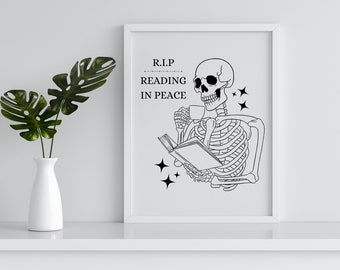 Book Quote Print | Reading in Peace | Skeleton Wall Art | The Reader Home Decor | Home Library | Book Quote Bookish Poster | Reading Gift