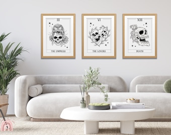 Tarot Card Wall Art | Gothic Tarot Cards | Spooky Home Decor | Skull Wall Art | Set of 3 Wall Prints | Skeleton Art | Birthday Gift