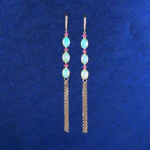 Natural Opal Tassel Earrings, 18K Gold Diamond, Elegant Color Gem