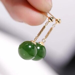 10mm Elegant Jade Sphere Earrings | Sleek 14K Gold Chain Design with Natural Green Jade