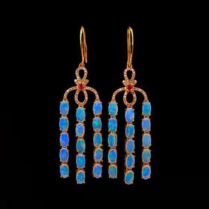 4.2ct Opal Tassel Stud Earrings, 18K Gold Diamond, Ruby Gem Jewelry